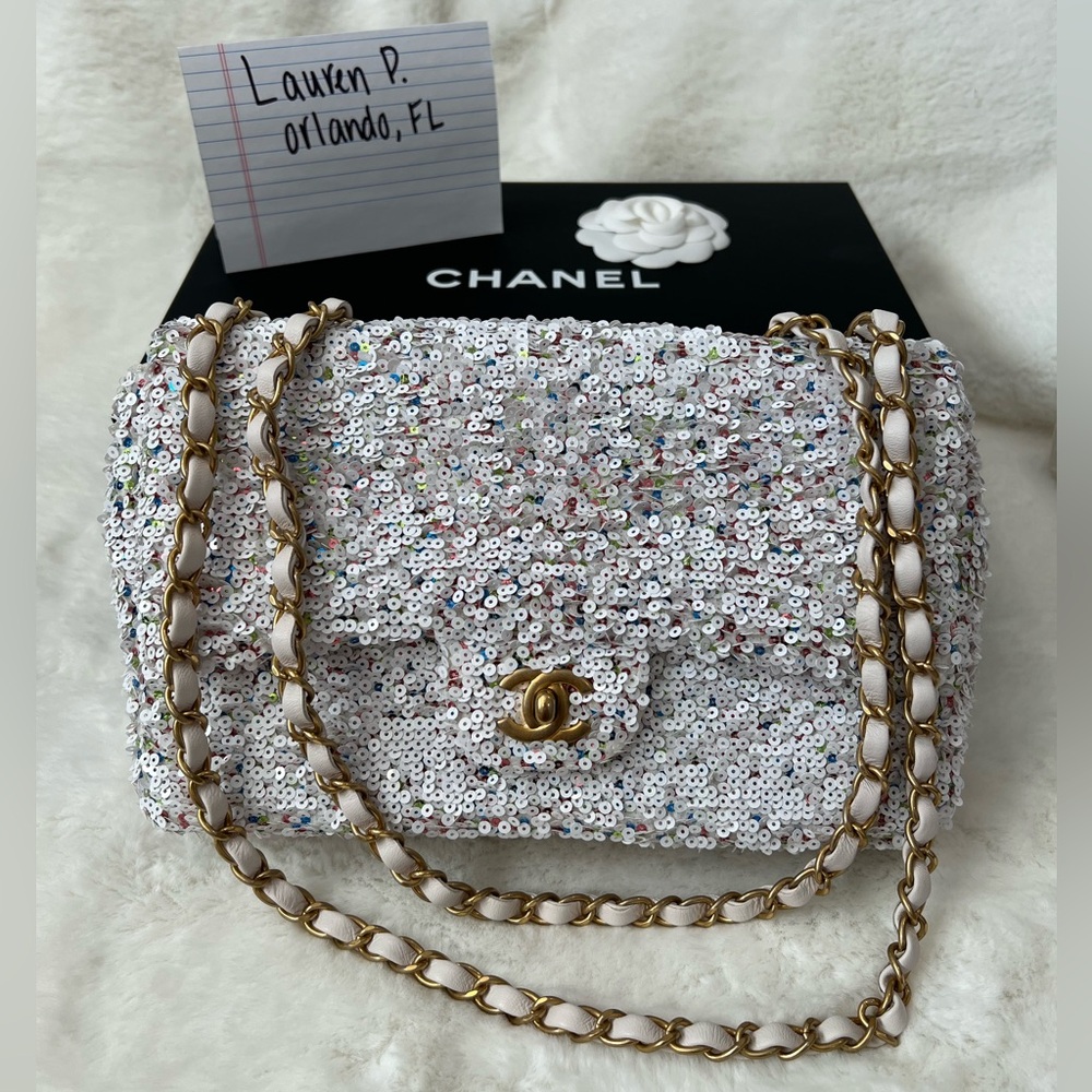 New, Never Used Chanel Medium White Sequin Flap Bag with Chain